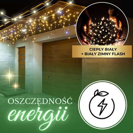 Kurtyna świetlna 300 led girlanda, lampki zewnętrzne sople ciepły biały + flash