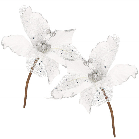 Gwiazda betlejemska 23 cm sztuczny kwiat, poinsecja biała z brokatem