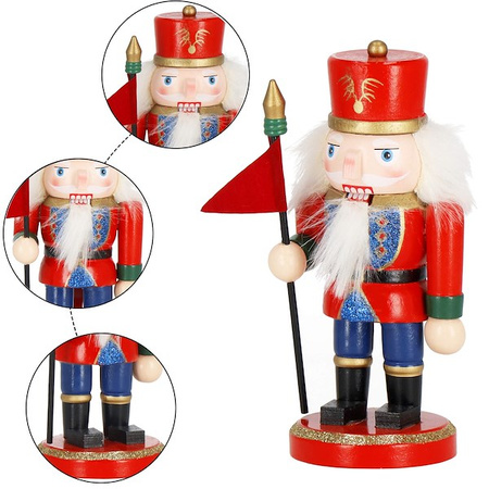 Dziadek do orzechów 15 cm z chorągiewką, drewniany żołnierzyk multikolor, figurka świąteczna