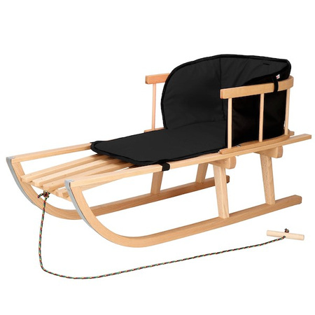 Sanki dla dzieci drewniane z oparciem i czarnym materacykiem