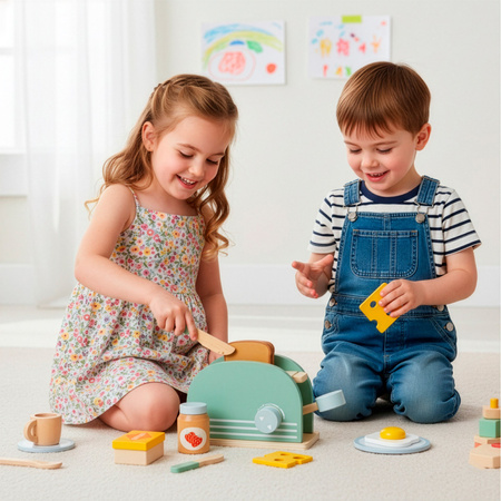 Toster drewniany z akcesoriami śniadaniowymi 9 el. zabawka dla dzieci, multikolor