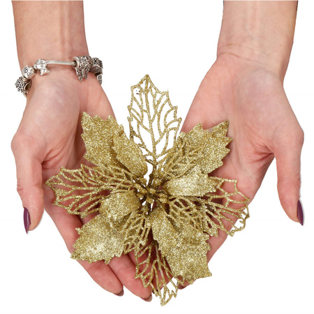 Gwiazda betlejemska, sztuczny kwiat, poinsecja ażurowa złota z brokatem