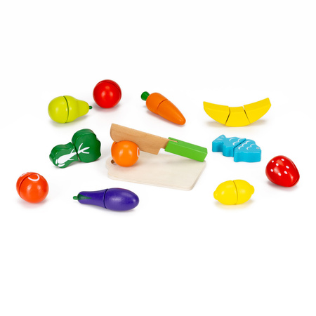 Drewniany zestaw: deska z nożykiem do krojenia, owoce, warzywa na rzepy 13 el. dla dzieci, kolorowe