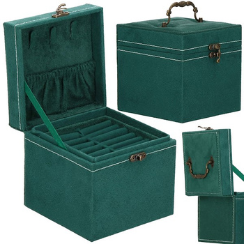 Kuferek, szkatułka na biżuterię 12x12x12 cm zielony welurowy organizer z przegródkami