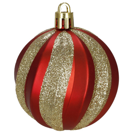 Bombki choinkowe czerwone 6 szt. 7 cm matowe i błyszczące złoty brokat, ze sznureczkami