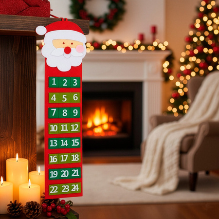 Kalendarz adwentowy, świąteczny 24 przegródki, dekoracja na ścianę, Mikołaj, filc, multikolor