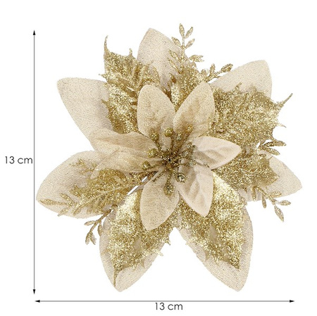 Gwiazda betlejemska, sztuczny kwiat, poinsecja kremowo-złota z brokatem na klipsie