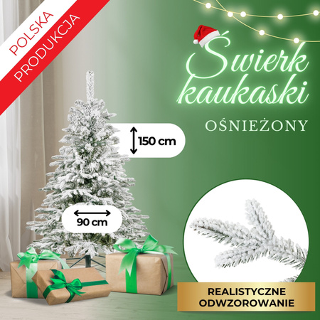 Choinka sztuczna świerk kaukaski 150 cm śnieżony jak żywy, nowoczesny, ze stojakiem