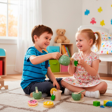 Zestaw śniadaniowy z drewna dla dzieci 14 el. zabawka, kuchenne akcesoria do herbaty