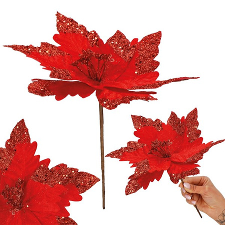 Gwiazda betlejemska, sztuczny kwiat poinsecja 28 cm czerwona z brokatem