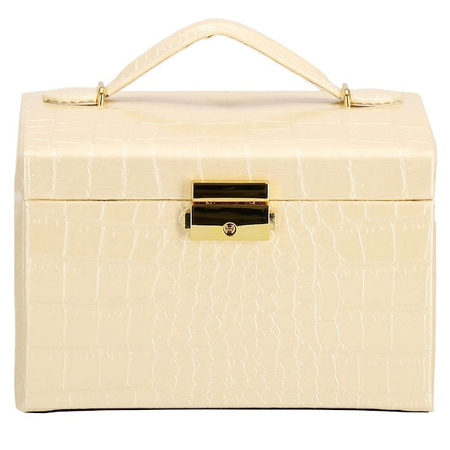 Kuferek, szkatułka na biżuterię 17,5x14x12,5 cm ecru z szufladami i lusterkiem