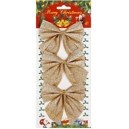 Kokardka świąteczna na choinkę 3 szt. brokatowa zawieszka choinkowa złota