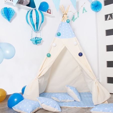 Namiot Tipi dla dzieci wigwam z poduszkami błękitny w gwiazdki