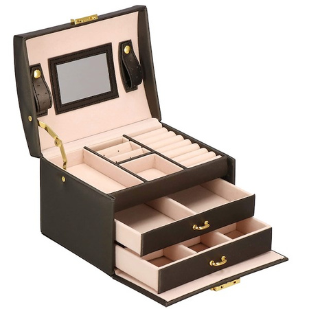 Kuferek, szkatułka na biżuterię 17,5x14x12,5 cm brązowy z szufladami i lusterkiem