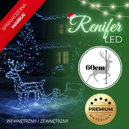 Renifer Led świąteczny z saniami 210 cm świetlna dekoracja biały zimny niebieski flash