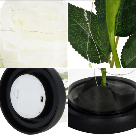 Wieczna róża w szklanym kloszu 21 cm świecąca dekoracja LED sztuczny kwiat biały