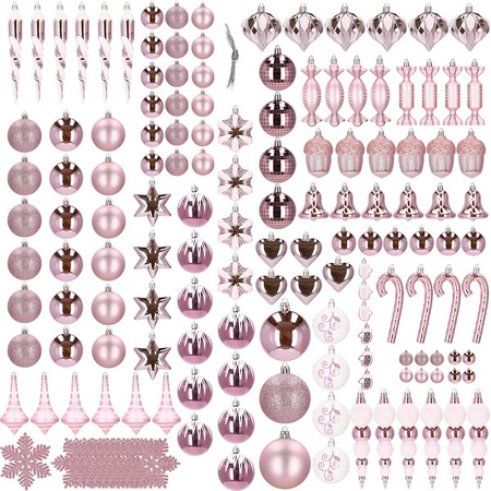 Bombki choinkowe 155 szt. różowy zestaw choinkowy