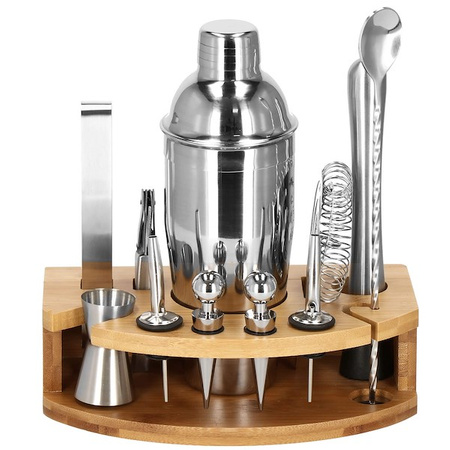 Zestaw barmański 12 elementów z bambusową podstawką do drinków srebrny