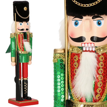 Dziadek do orzechów 51 cm z karabinem, drewniany żołnierzyk w cekiny, figurka świąteczna
