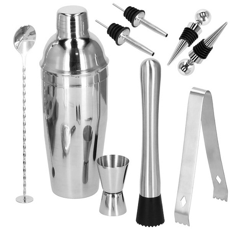 Zestaw barmański 12 elementów z bambusową podstawką do drinków srebrny