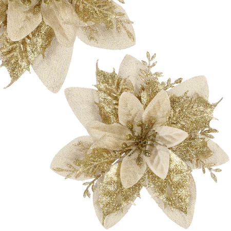 Gwiazda betlejemska 2 szt. sztuczny kwiat, poinsecja kremowo-złota z brokatem na klipsie