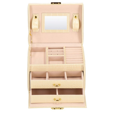 Kuferek, szkatułka na biżuterię 17,5x14x12,5 cm ecru z szufladami i lusterkiem