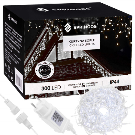 Kurtyna świetlna 14,5 m girlanda, lampki wewnętrzno-zewnętrzne 300 led sople zimny biały z flash