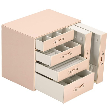 Kuferrek, Szkatułka na biżuterię ekoskóra 26x22x18 cm różowy z szufladami