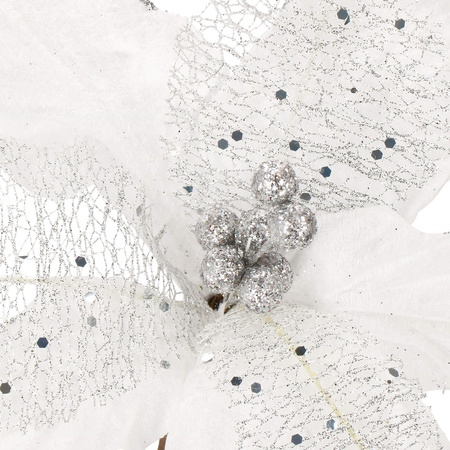 Gwiazda betlejemska 23 cm sztuczny kwiat, poinsecja biała z brokatem