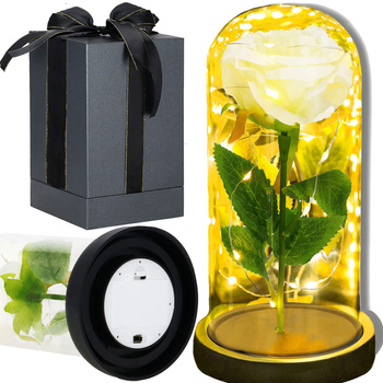 Wieczna róża w szklanym kloszu 21 cm świecąca dekoracja LED sztuczny kwiat biały