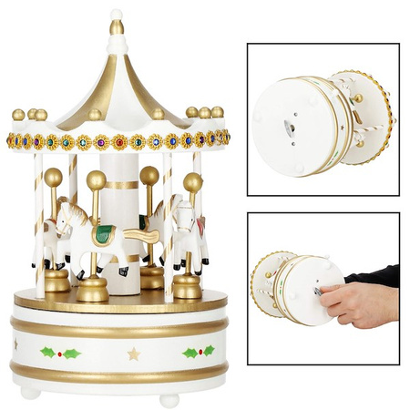 Drewniana karuzela, pozytywka ozdoba świąteczna biało-złota