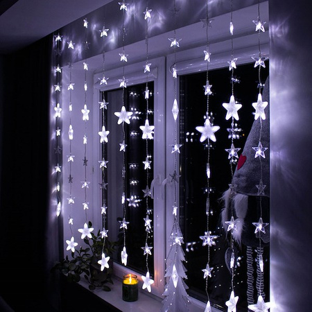Kurtyna świetlna 180 led girlanda gwiazdki, lampki wewnętrzno-zewnętrzne sople zimny biały + niebieski flash