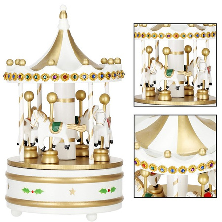 Drewniana karuzela, pozytywka ozdoba świąteczna biało-złota