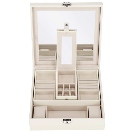 Kuferr, szkatułka na biżuterię ekoskóra 25x25x8,5 cm kremowy z przegródkami