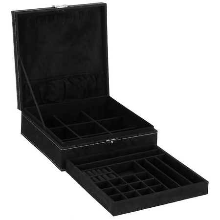 Kuferek, szkatułka na biżuterię 26x26x9 cm czarny, welurowy organizer z przegródkami