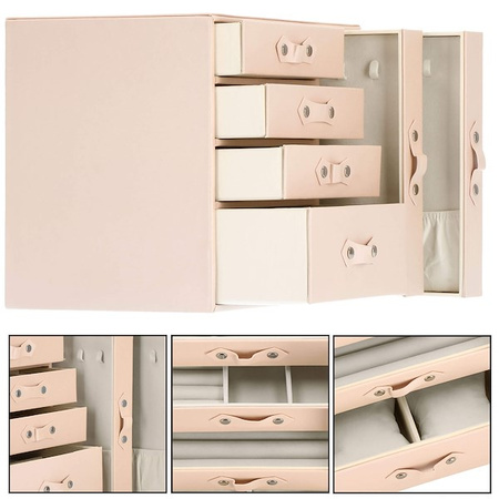 Kuferrek, Szkatułka na biżuterię ekoskóra 26x22x18 cm różowy z szufladami