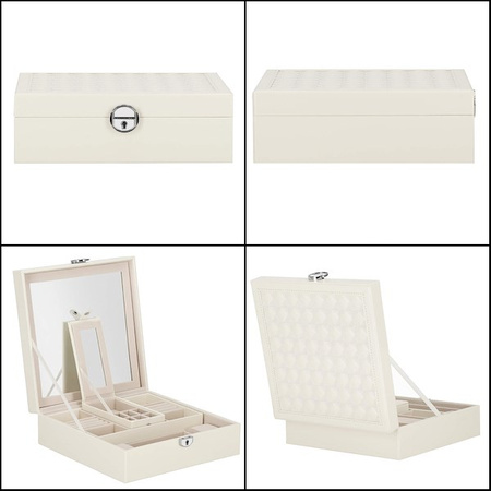 Kuferr, szkatułka na biżuterię ekoskóra 25x25x8,5 cm kremowy z przegródkami