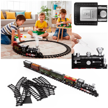 Pociąg parowy z wagonami, pilot do sterowania, tory, zabawka dla dzieci, lokomotywa z mgiełką, dźwiękiem