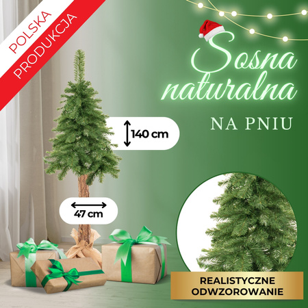 Choinka sztuczna, sosna na pniu, 140 cm drzewko bożonarodzeniowe, zielona
