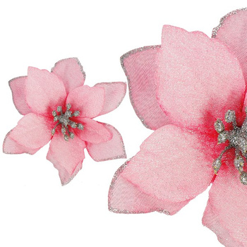 Gwiazda betlejemska, sztuczny kwiat na klipsie poinsecja różowa srebrny brokat