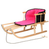 Sanki dla dzieci drewniane z oparciem i różowo-czarnym materacykiem