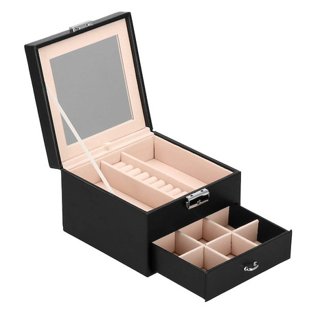 Kufer, szkatułka na biżuterię ekoskóra 16x16x11 cm czarny z szufladą i lusterkiem