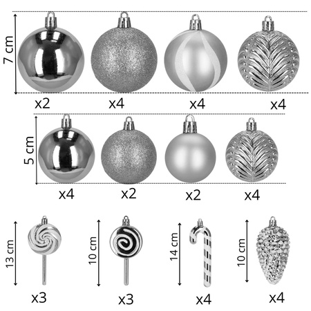 Bombki choinkowe 40 szt. okrągłe, lizaki, szyszki, laski cukrowe nietłukące ozdoby srebrne