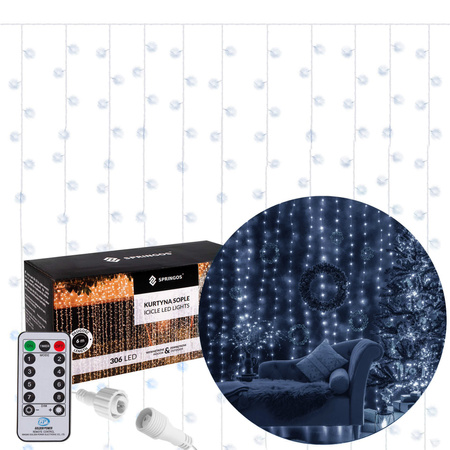 Kurtyna świetlna z pilotem 306 led girlanda, lampki wewnętrzno-zewnętrzne sople zimny biały
