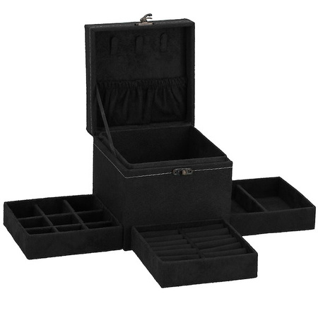 Kuferek, szkatułka na biżuterię 12x12x12 cm czarny z przegródkami welurowy