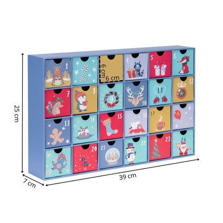 Kalendarz adwentowy, świąteczny 24 szufladki do uzupełnienia, multikolor