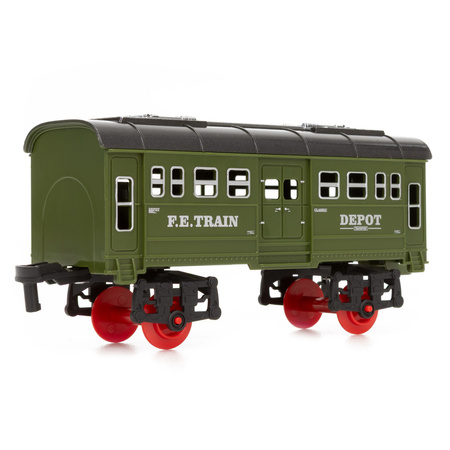 Pociąg parowy z wagonami, pilot do sterowania, tory, zabawka dla dzieci, lokomotywa z mgiełką, dźwiękiem