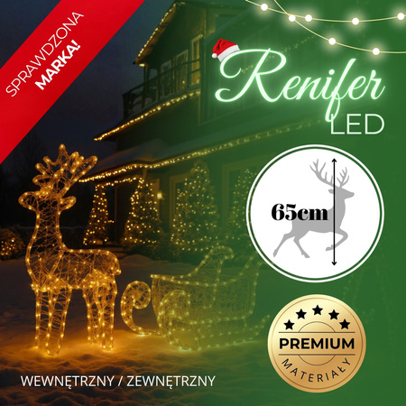 Renifer Led 150 cm świąteczny z saniami świetlna dekoracja do ogrodu biały ciepły