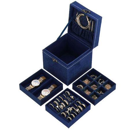 Kufer, szkatułka na biżuterię 12x12x12 cm granatowy z przegródkami welurowy