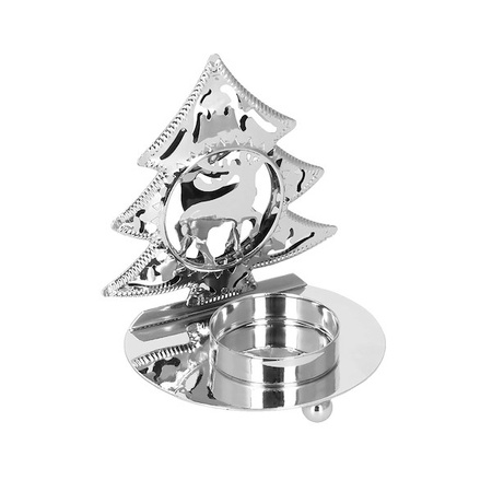 Świecznik świąteczny metalowy choinka z podstawką na świeczkę srebrna